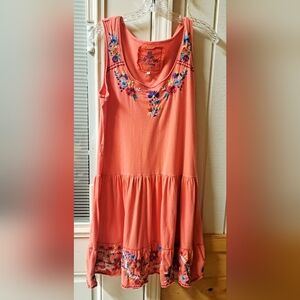 Johnny Was Coral Embroidered Floral Sleeveless Dress Tshirt Dress 100% Cotton  M